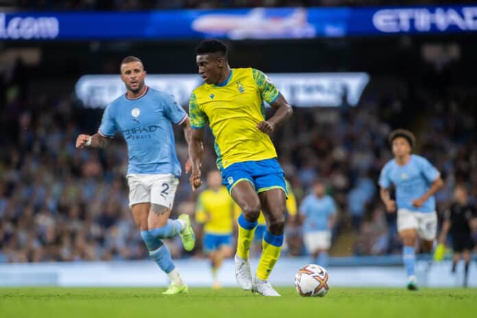 Taiwo Awoniyi #9 of Nottingham Forest looks for options in attack in Manchester